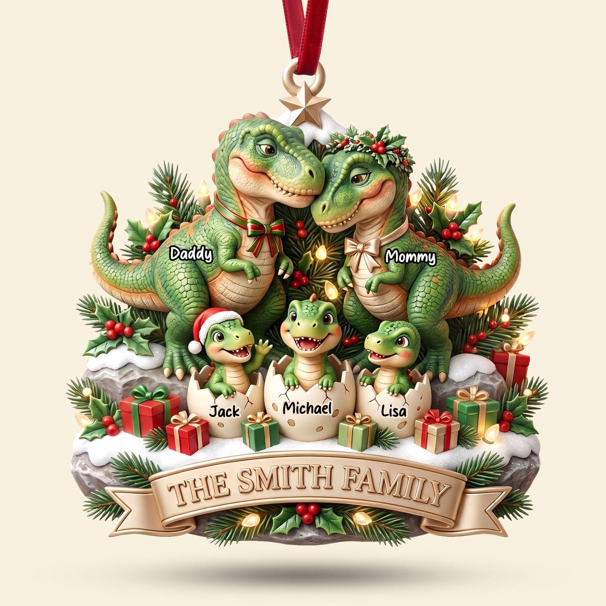 Dinosaur Family Ornament - Personalized Christmas Gifts For Family 04TYTI180826