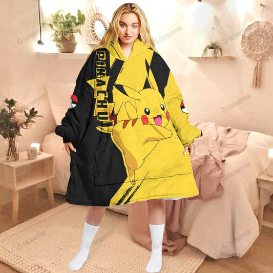 Anime Pkm Pikachu Custom Fleece Blanket Hoodie Adult / Free Size