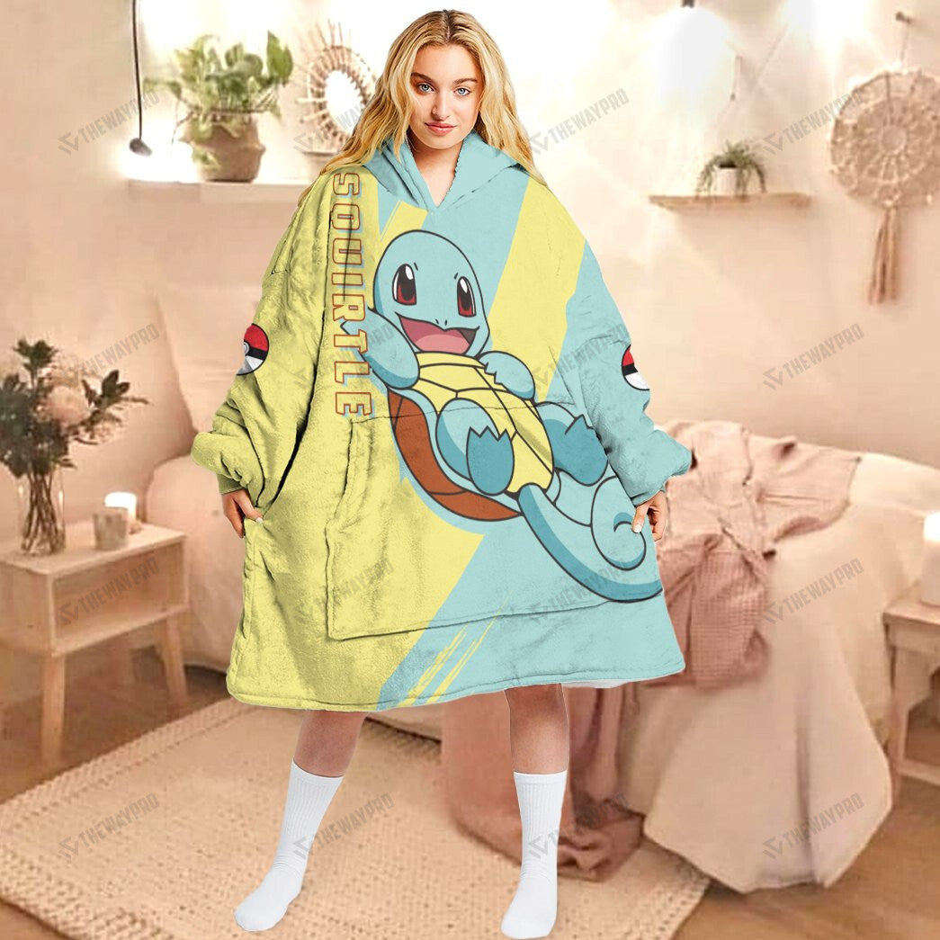 Anime Pkm Squirtle Custom Fleece Blanket Hoodie Adult / Free Size