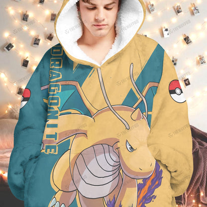 Anime Pkm Dragonite Custom Fleece Blanket Hoodie