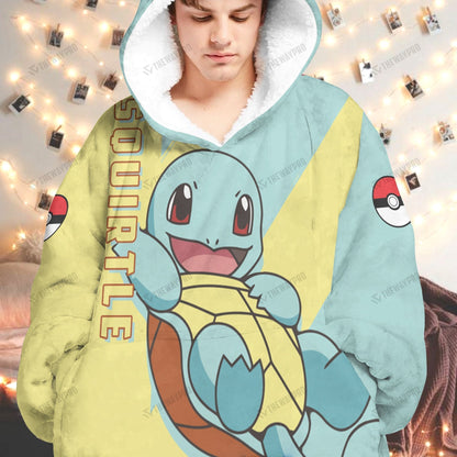 Anime Pkm Squirtle Custom Fleece Blanket Hoodie