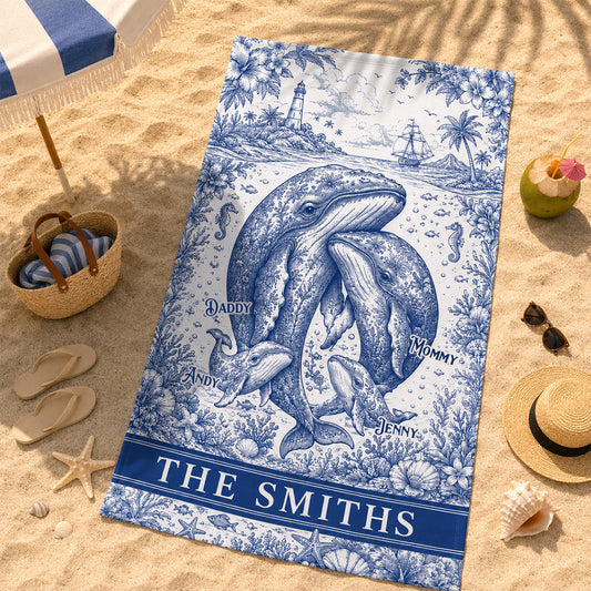 Toile De Jouy Whale Family Beach Towel, Personalized Gift For Family 05qhdh180726