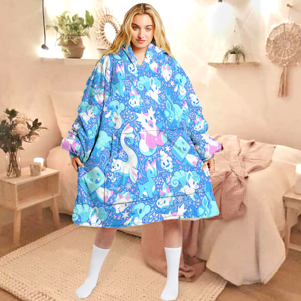 Anime PKM Ice Seamless Pattern Custom Blanket Hoodie
